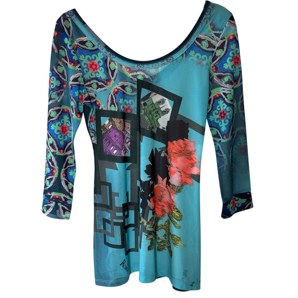 Save The Queen Made in Italy Blue Pattern Boat Neck 3/4 Sleeve Semi Sheer Top M